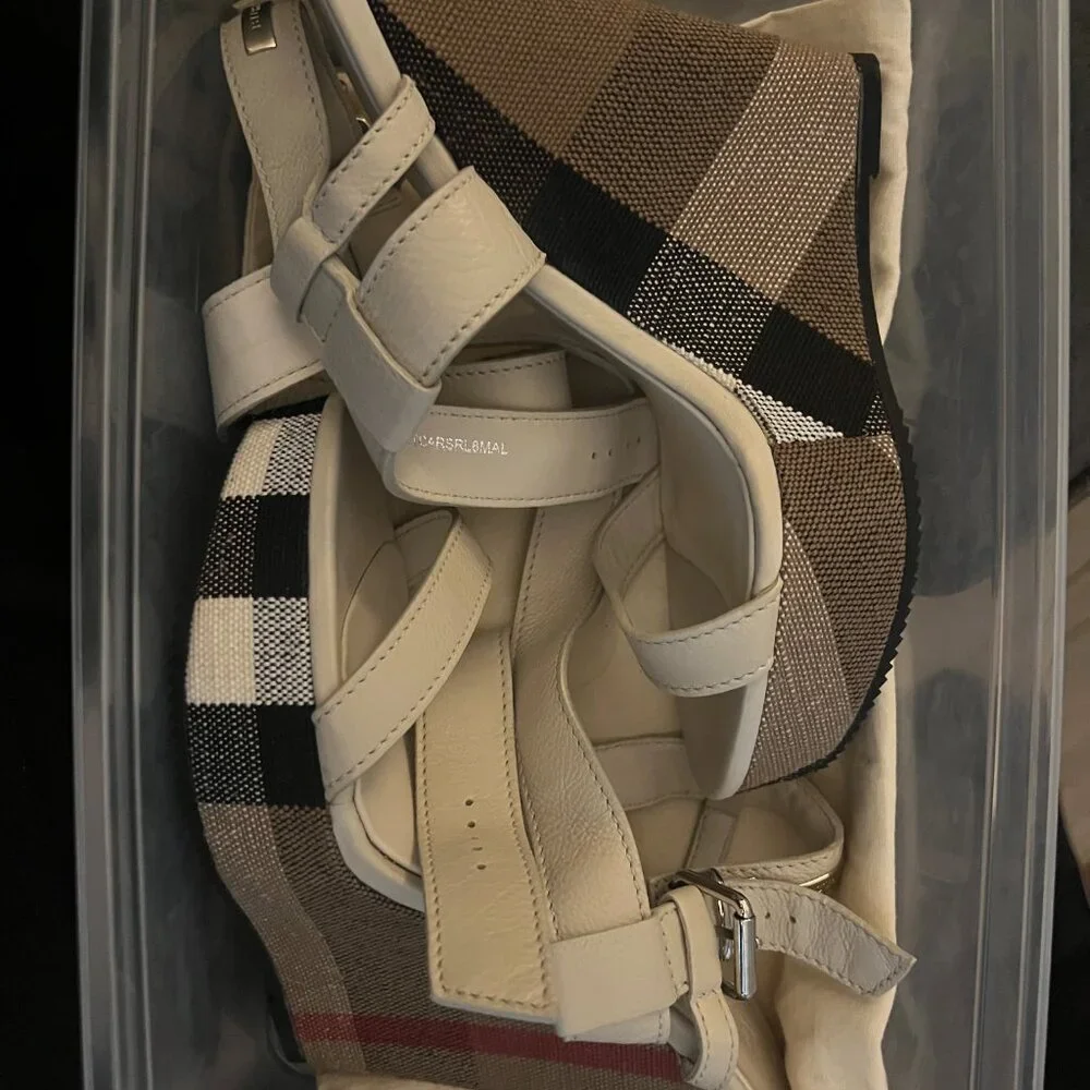 Burberry Brit Check White Leather Goldfinch Wedge Women's Sandals - Picture 5 of 15